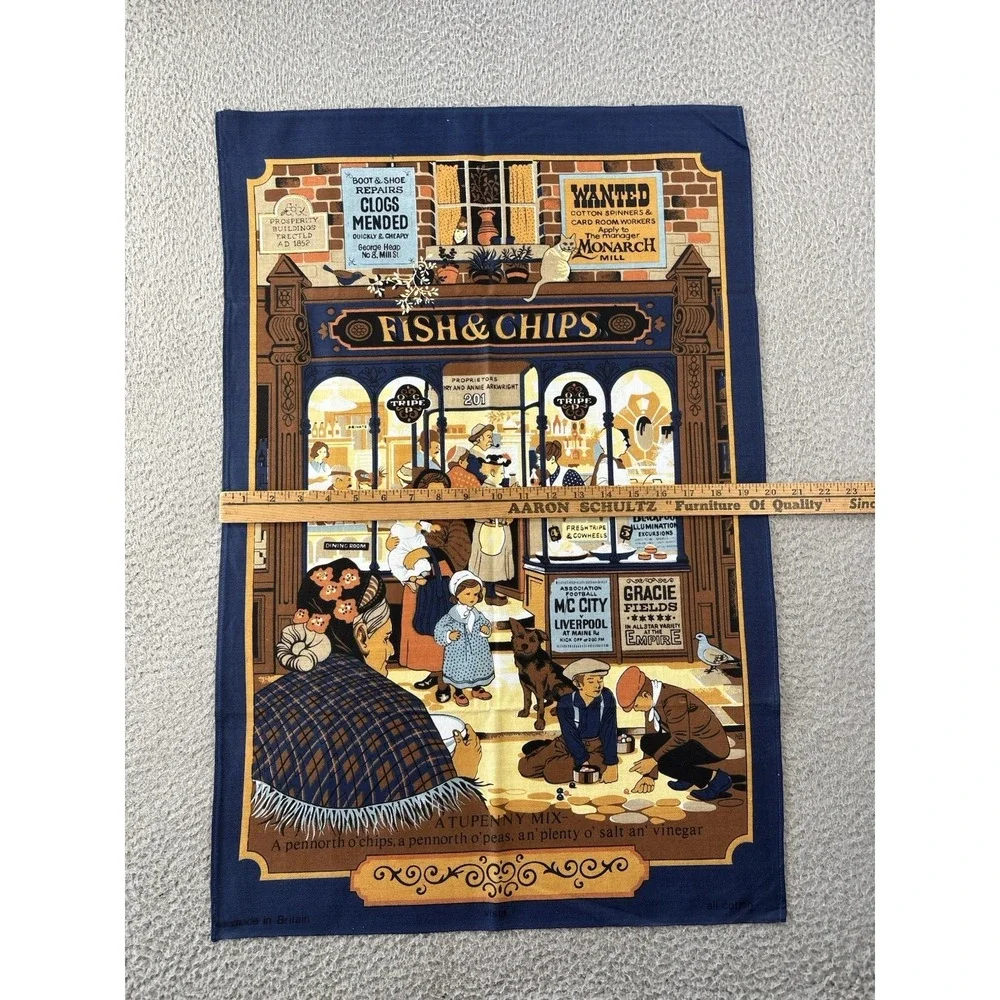 Vintage Fish & Chips Victorian Shop Tea Towel MCM 100% Cotton Kitchen Cat